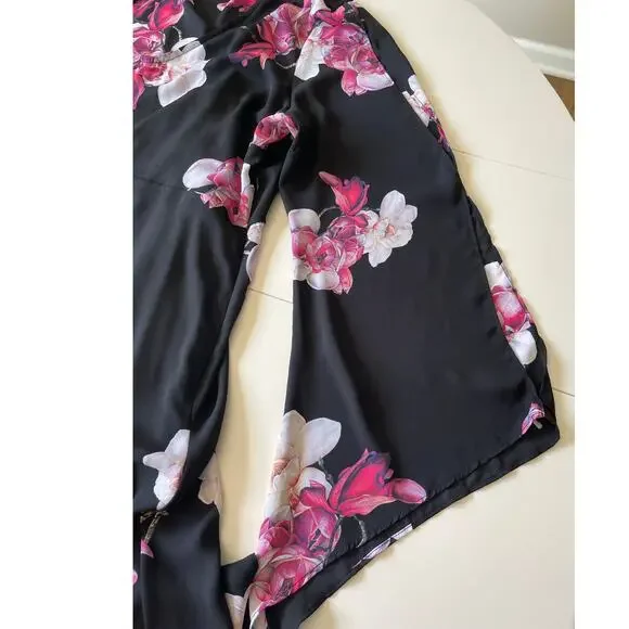 Venus Hi-Low Dress Sz 18 V-Neck Black Pink Floral Liner Bell Cut Out Sleeves - Picture 11 of 15